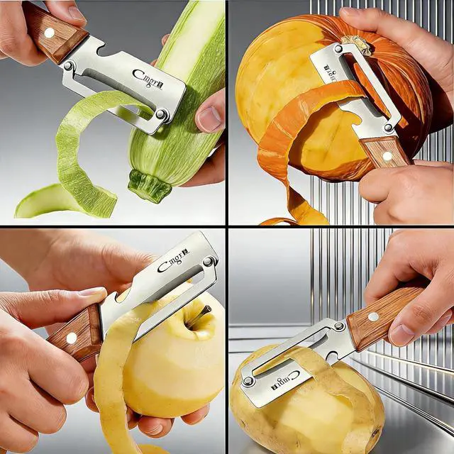 Alt view image 4 of 7 - TEEVEA Vegetable Peeler, Stainless Steel Wooden Handle for Potato, Apple | Zero snag glide, non-slip wet grip, 2-in-1 bottle opener, food grade safe for all scenarios