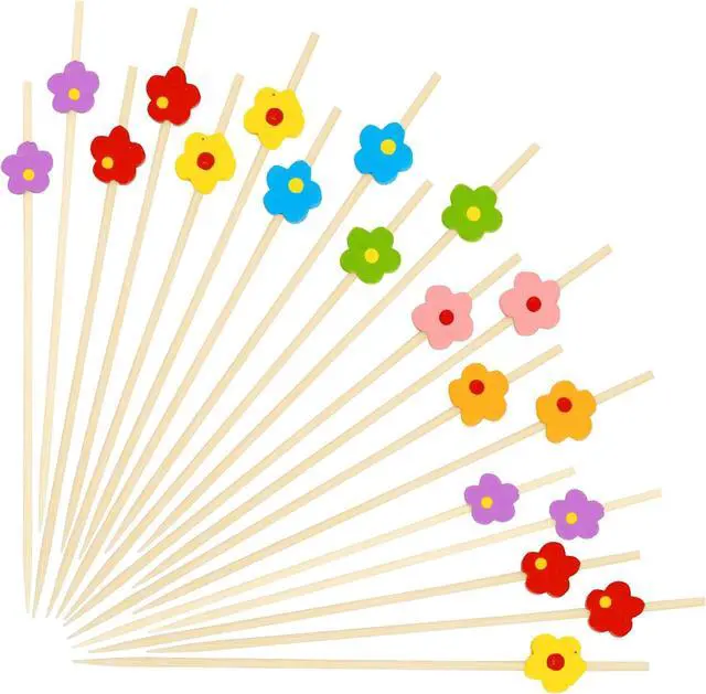 Main image of 100PCS Colorful Flower Cocktail Picks 4.7 Inch, Fancy Toothpicks for Appetizers Bamboo Floral Picks Fruit Skewers for Appetizers Food Sandwiches Drinks Party Decoration (Colorful Flower)