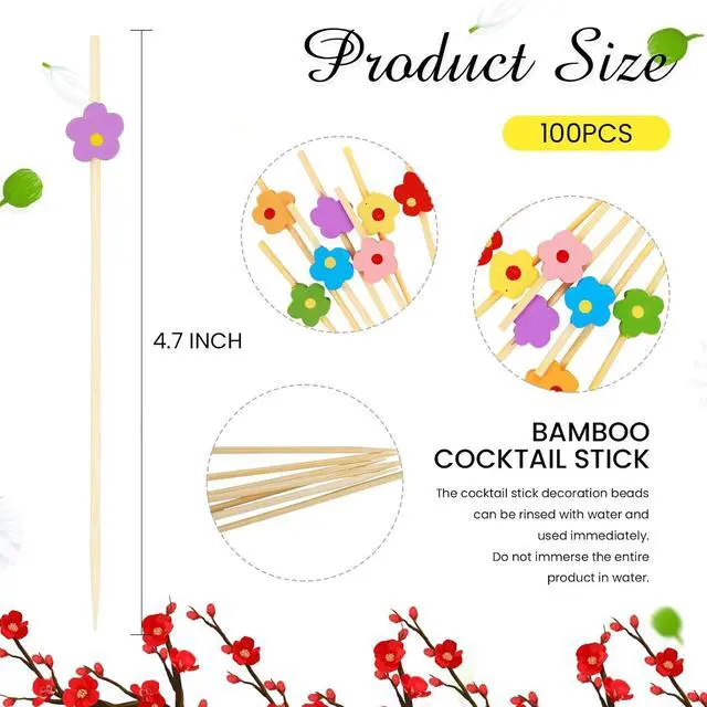 Alt view image 2 of 7 - 100PCS Colorful Flower Cocktail Picks 4.7 Inch, Fancy Toothpicks for Appetizers Bamboo Floral Picks Fruit Skewers for Appetizers Food Sandwiches Drinks Party Decoration (Colorful Flower)