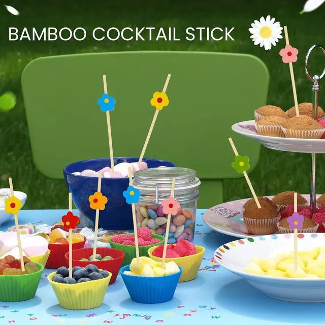 Alt view image 4 of 7 - 100PCS Colorful Flower Cocktail Picks 4.7 Inch, Fancy Toothpicks for Appetizers Bamboo Floral Picks Fruit Skewers for Appetizers Food Sandwiches Drinks Party Decoration (Colorful Flower)