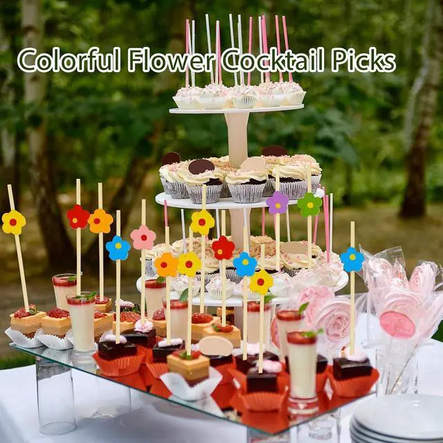 Alt view image 7 of 7 - 100PCS Colorful Flower Cocktail Picks 4.7 Inch, Fancy Toothpicks for Appetizers Bamboo Floral Picks Fruit Skewers for Appetizers Food Sandwiches Drinks Party Decoration (Colorful Flower)