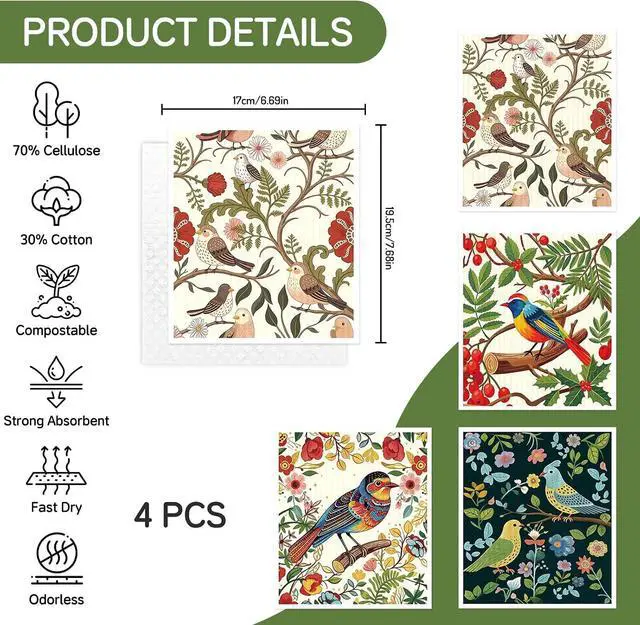 Alt view image 2 of 7 - Swedish Dishcloths for Kitchen, 4 Pack, Super Absorbent, Birds Flowers | Reusable Paper Towels, Odor-Free & Dishwasher SafeNon-Scratch Dish Rags for Glass/Windows/Car, Biodegradable, Hostess Gifts