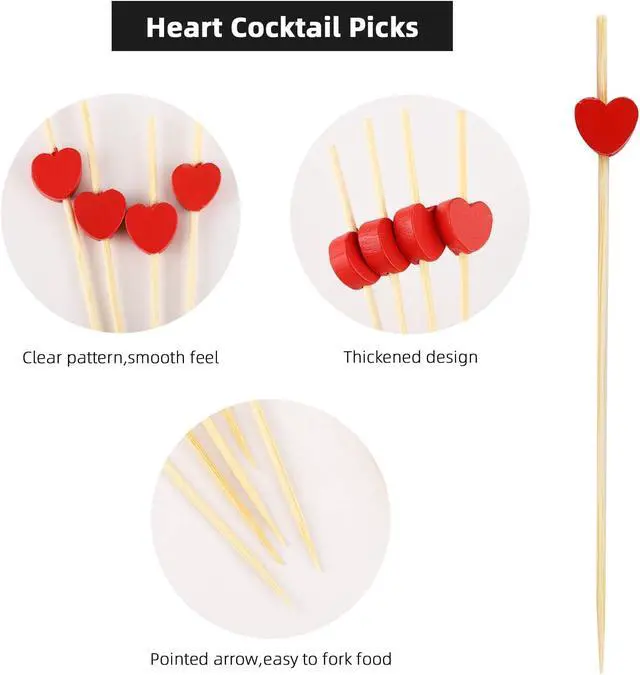 Alt view image 3 of 7 - 200PCS Heart Cocktail Picks 4.7" Heart Bamboo Toothpicks Heart Fancy Toothpicks Valentines Skewers Bamboo Fancy Appetizer for Wedding Birthday Party Decoration (Red Heart)