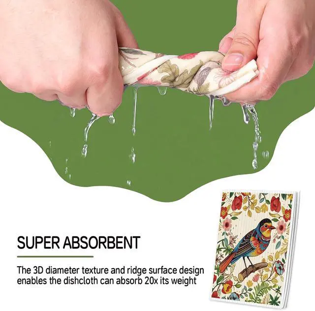 Alt view image 4 of 7 - Swedish Dishcloths for Kitchen, 4 Pack, Super Absorbent, Birds Flowers | Reusable Paper Towels, Odor-Free & Dishwasher SafeNon-Scratch Dish Rags for Glass/Windows/Car, Biodegradable, Hostess Gifts