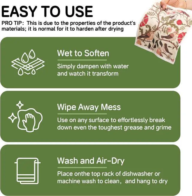 Alt view image 6 of 7 - Swedish Dishcloths for Kitchen, 4 Pack, Super Absorbent, Birds Flowers | Reusable Paper Towels, Odor-Free & Dishwasher SafeNon-Scratch Dish Rags for Glass/Windows/Car, Biodegradable, Hostess Gifts