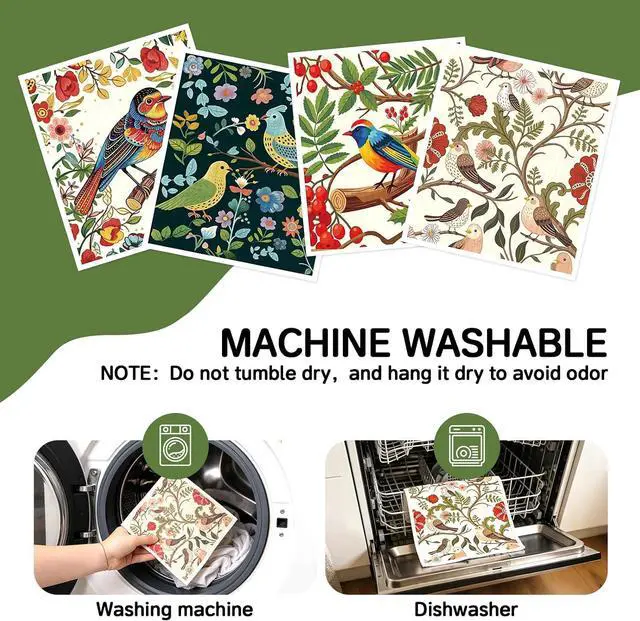 Alt view image 5 of 7 - Swedish Dishcloths for Kitchen, 4 Pack, Super Absorbent, Birds Flowers | Reusable Paper Towels, Odor-Free & Dishwasher SafeNon-Scratch Dish Rags for Glass/Windows/Car, Biodegradable, Hostess Gifts