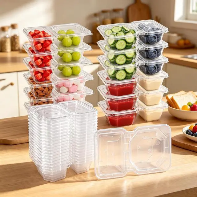 Main image of QCQHDU 8 oz Snack Containers with Lids, Disposable, Clear, 20 Sets | 2 Compartments, Stackable, Portion Control, Meal Prep, to go Meal Dipping Sauce Snack Pack Boxes Containers