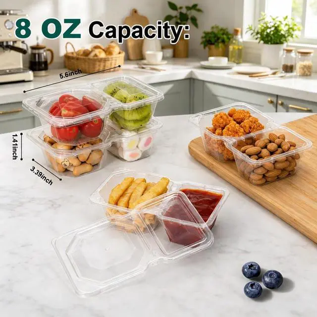 Alt view image 3 of 7 - QCQHDU 8 oz Snack Containers with Lids, Disposable, Clear, 20 Sets | 2 Compartments, Stackable, Portion Control, Meal Prep, to go Meal Dipping Sauce Snack Pack Boxes Containers
