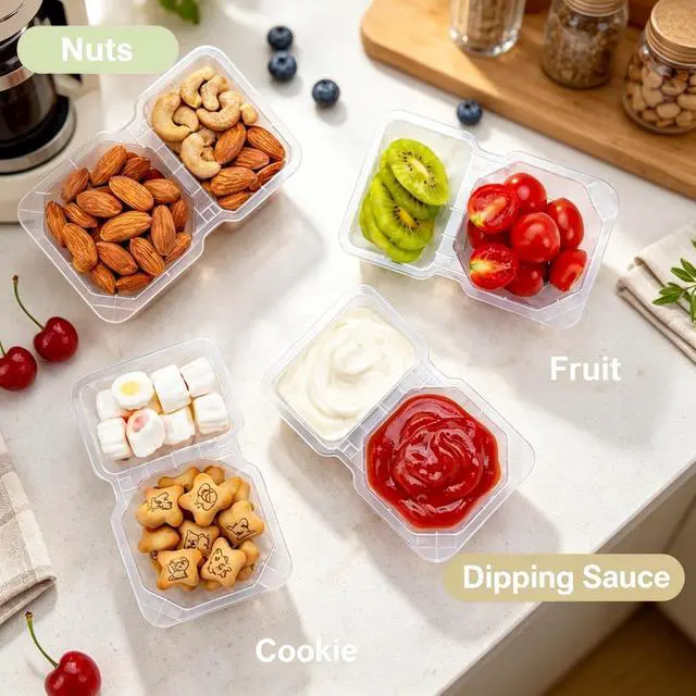 Alt view image 5 of 7 - QCQHDU 8 oz Snack Containers with Lids, Disposable, Clear, 20 Sets | 2 Compartments, Stackable, Portion Control, Meal Prep, to go Meal Dipping Sauce Snack Pack Boxes Containers
