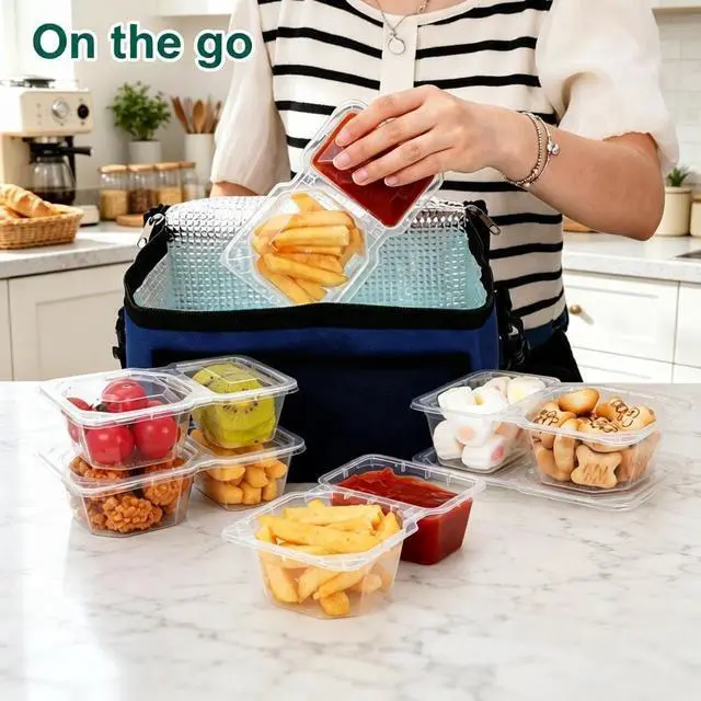 Alt view image 6 of 7 - QCQHDU 8 oz Snack Containers with Lids, Disposable, Clear, 20 Sets | 2 Compartments, Stackable, Portion Control, Meal Prep, to go Meal Dipping Sauce Snack Pack Boxes Containers