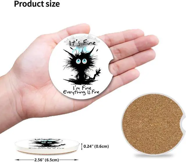 Alt view image 7 of 7 - Car Coasters 2 Pack, Small 2.56" Ceramic Stone & Non-Scratch Cork Base Car Cupholder Absorbent Coaster Set for Women/Men Drink Cup Holder Coasters (I'm Fine Cat) BD-10
