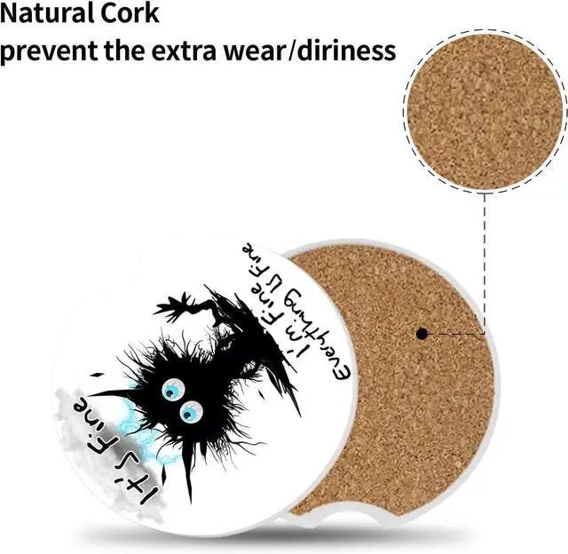 Alt view image 6 of 7 - Car Coasters 2 Pack, Small 2.56" Ceramic Stone & Non-Scratch Cork Base Car Cupholder Absorbent Coaster Set for Women/Men Drink Cup Holder Coasters (I'm Fine Cat) BD-10