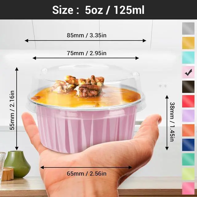 Alt view image 2 of 7 - EUSOAR Baking Cups with Lids, Pink 25Pcs 5oz Disposable Aluminum Foil Mini Muffin Liners, Dessert Cheesecake Pan Creme Brulee Cupcake Ramekins Containers Oven Safe for Catering Club Wedding Party