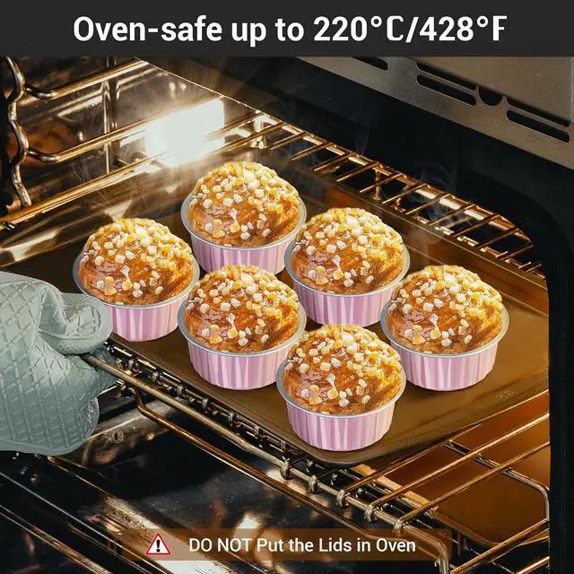 Alt view image 5 of 7 - EUSOAR Baking Cups with Lids, Pink 25Pcs 5oz Disposable Aluminum Foil Mini Muffin Liners, Dessert Cheesecake Pan Creme Brulee Cupcake Ramekins Containers Oven Safe for Catering Club Wedding Party