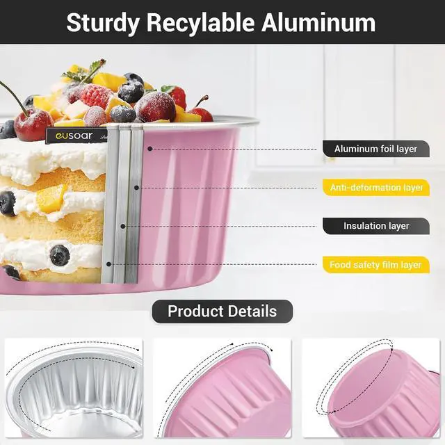 Alt view image 3 of 7 - EUSOAR Baking Cups with Lids, Pink 25Pcs 5oz Disposable Aluminum Foil Mini Muffin Liners, Dessert Cheesecake Pan Creme Brulee Cupcake Ramekins Containers Oven Safe for Catering Club Wedding Party