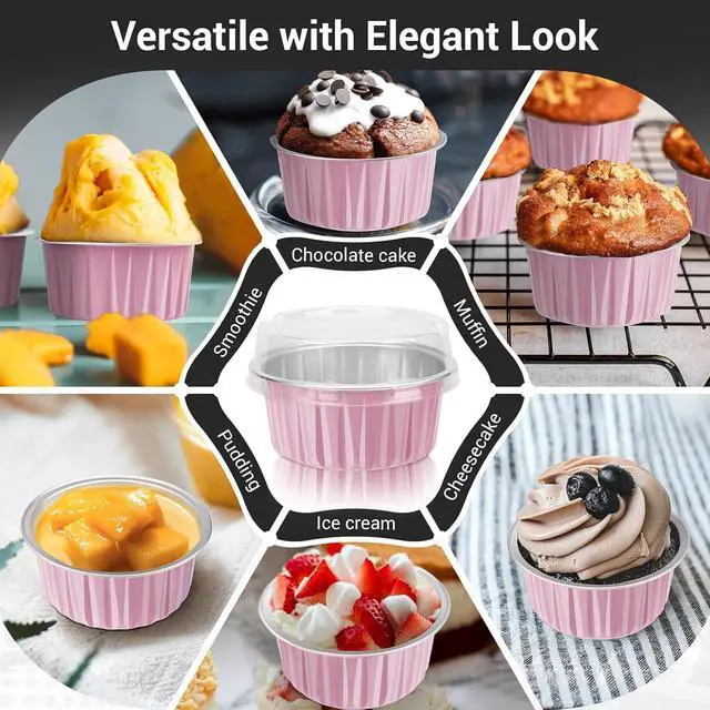Alt view image 7 of 7 - EUSOAR Baking Cups with Lids, Pink 25Pcs 5oz Disposable Aluminum Foil Mini Muffin Liners, Dessert Cheesecake Pan Creme Brulee Cupcake Ramekins Containers Oven Safe for Catering Club Wedding Party