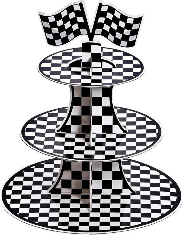 Main image of 3-Tier Round Cardboard Cupcake Stand, Racing Car Theme Cardboard Cupcake Holder, Car Theme Dessert Display Stand Tower, Black and White Checkered Car Party Decorations Supplies