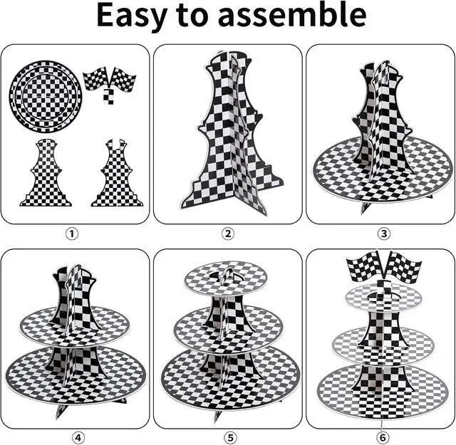 Alt view image 3 of 7 - 3-Tier Round Cardboard Cupcake Stand, Racing Car Theme Cardboard Cupcake Holder, Car Theme Dessert Display Stand Tower, Black and White Checkered Car Party Decorations Supplies