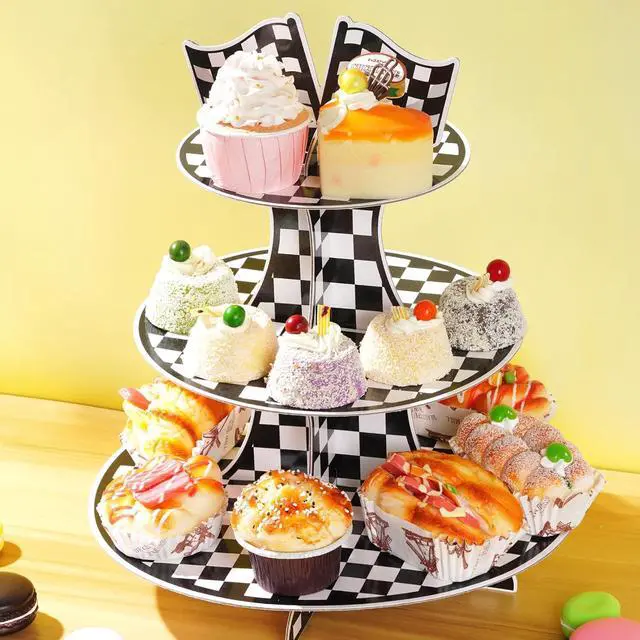 Alt view image 4 of 7 - 3-Tier Round Cardboard Cupcake Stand, Racing Car Theme Cardboard Cupcake Holder, Car Theme Dessert Display Stand Tower, Black and White Checkered Car Party Decorations Supplies
