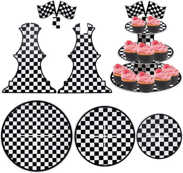 Alt view image 5 of 7 - 3-Tier Round Cardboard Cupcake Stand, Racing Car Theme Cardboard Cupcake Holder, Car Theme Dessert Display Stand Tower, Black and White Checkered Car Party Decorations Supplies