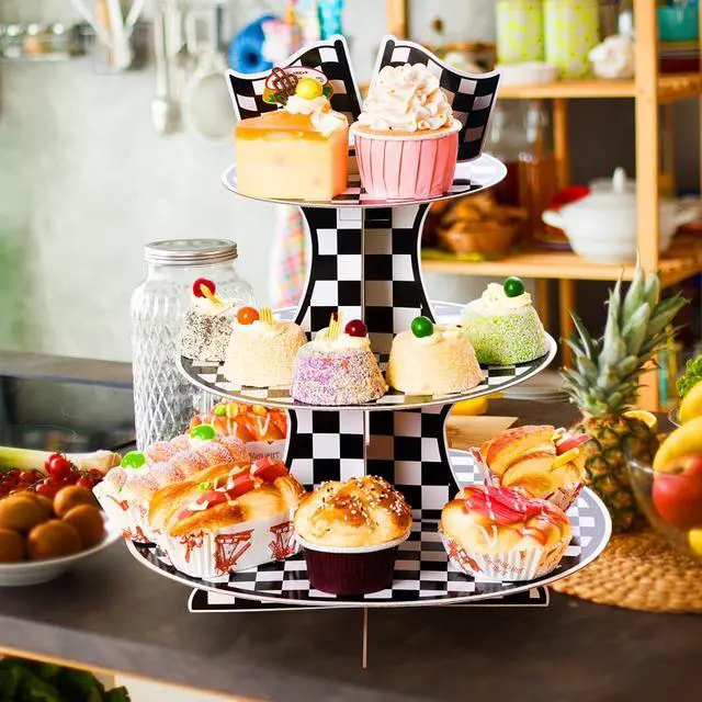 Alt view image 6 of 7 - 3-Tier Round Cardboard Cupcake Stand, Racing Car Theme Cardboard Cupcake Holder, Car Theme Dessert Display Stand Tower, Black and White Checkered Car Party Decorations Supplies