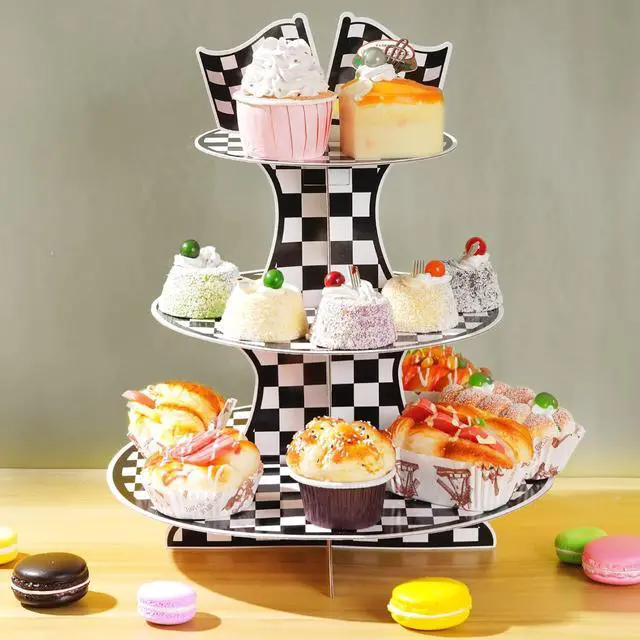 Alt view image 7 of 7 - 3-Tier Round Cardboard Cupcake Stand, Racing Car Theme Cardboard Cupcake Holder, Car Theme Dessert Display Stand Tower, Black and White Checkered Car Party Decorations Supplies