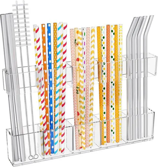 Main image of Mpotmiy 9.5" Large Acrylic Straw Holder for Cabinet Door, Straw Organizer | Transparent organizer with ultra-sticky adhesive, drainage holes and adjustable height for utensils and tumbler accessories.