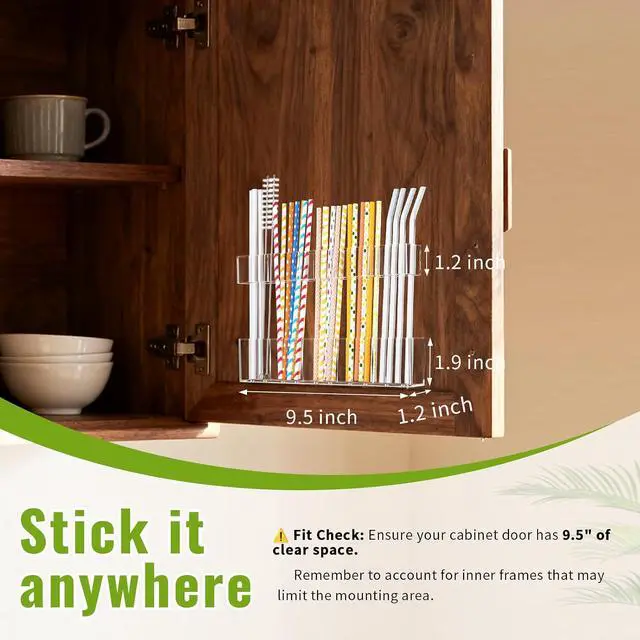 Alt view image 5 of 7 - Mpotmiy 9.5" Large Acrylic Straw Holder for Cabinet Door, Straw Organizer | Transparent organizer with ultra-sticky adhesive, drainage holes and adjustable height for utensils and tumbler accessories.