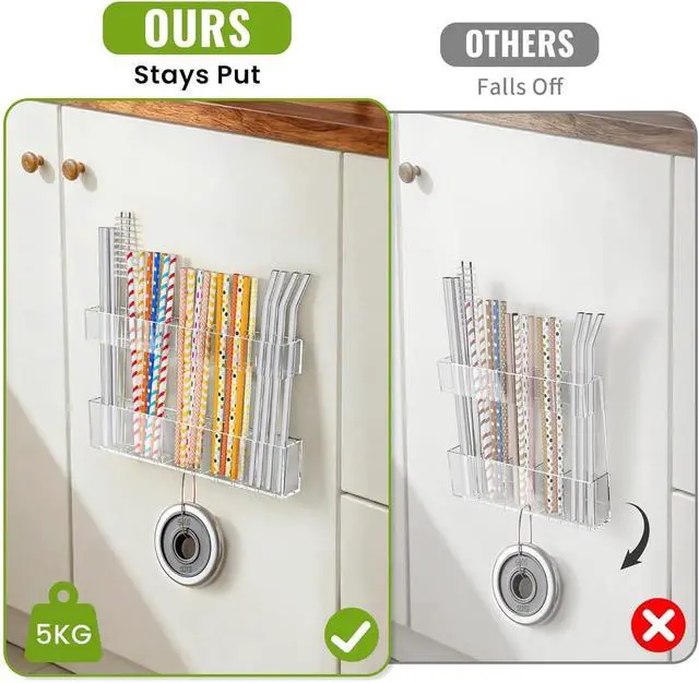 Alt view image 6 of 7 - Mpotmiy 9.5" Large Acrylic Straw Holder for Cabinet Door, Straw Organizer | Transparent organizer with ultra-sticky adhesive, drainage holes and adjustable height for utensils and tumbler accessories.