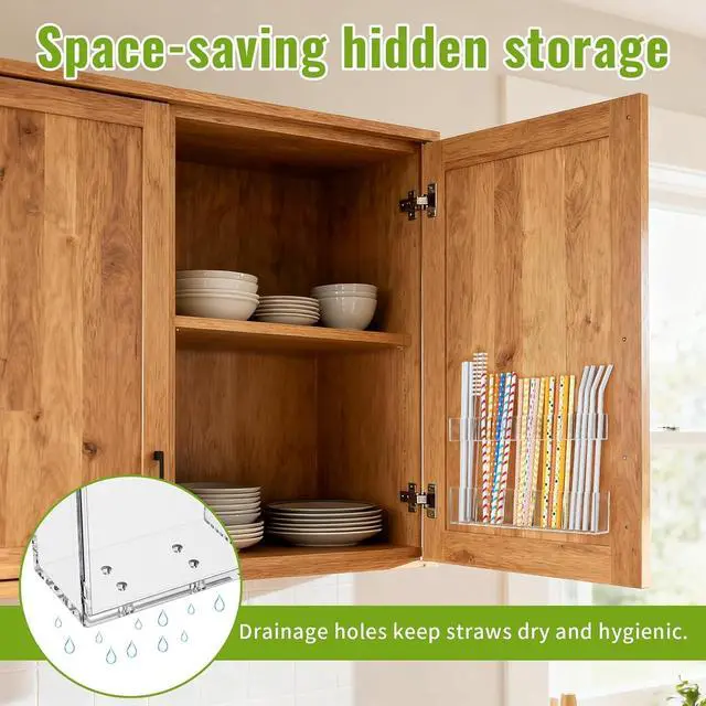 Alt view image 3 of 7 - Mpotmiy 9.5" Large Acrylic Straw Holder for Cabinet Door, Straw Organizer | Transparent organizer with ultra-sticky adhesive, drainage holes and adjustable height for utensils and tumbler accessories.
