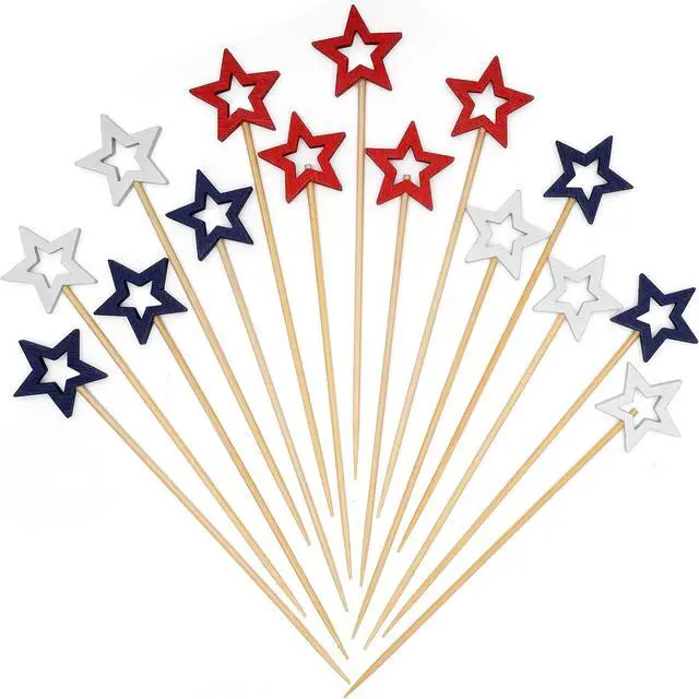Main image of Minisland Mixed Red Blue White Star Cocktail Picks, 5.5 Inch Long Bamboo Fancy Toothpicks for Appetizers, Decorative Independence Day Party Food Drinks Garnish Fruit Skewer Sticks 50 Counts - MSL435