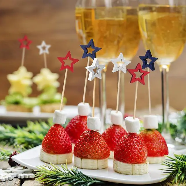 Alt view image 5 of 7 - Minisland Mixed Red Blue White Star Cocktail Picks, 5.5 Inch Long Bamboo Fancy Toothpicks for Appetizers, Decorative Independence Day Party Food Drinks Garnish Fruit Skewer Sticks 50 Counts - MSL435