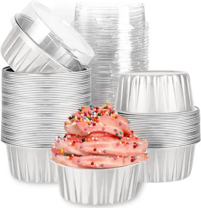 Main image of Mini Aluminum Foil Cupcake Baking Cups with Lids (40pcs, 5oz) Round Cupcake Foil Liners Tart Pie Tin Pan Holder - Disposable Mini Cake Containers Flan Molds for Pudding, Souffle, Party, Wedding