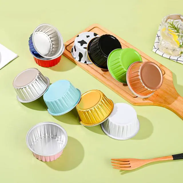 Alt view image 2 of 6 - Mini Aluminum Foil Cupcake Baking Cups with Lids (40pcs, 5oz) Round Cupcake Foil Liners Tart Pie Tin Pan Holder - Disposable Mini Cake Containers Flan Molds for Pudding, Souffle, Party, Wedding