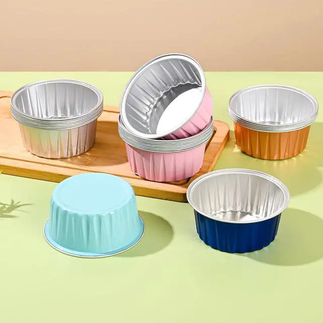 Alt view image 3 of 6 - Mini Aluminum Foil Cupcake Baking Cups with Lids (40pcs, 5oz) Round Cupcake Foil Liners Tart Pie Tin Pan Holder - Disposable Mini Cake Containers Flan Molds for Pudding, Souffle, Party, Wedding