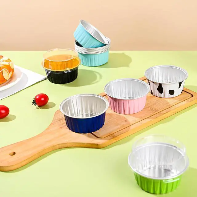 Alt view image 5 of 6 - Mini Aluminum Foil Cupcake Baking Cups with Lids (40pcs, 5oz) Round Cupcake Foil Liners Tart Pie Tin Pan Holder - Disposable Mini Cake Containers Flan Molds for Pudding, Souffle, Party, Wedding