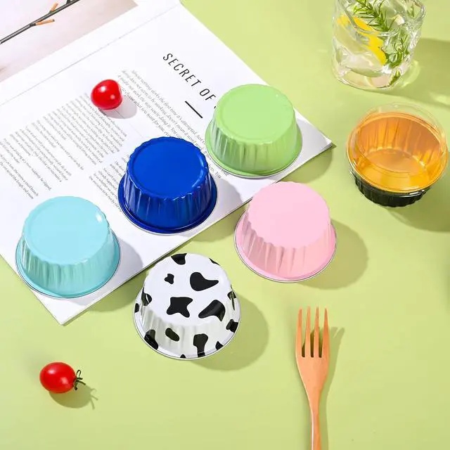 Alt view image 4 of 6 - Mini Aluminum Foil Cupcake Baking Cups with Lids (40pcs, 5oz) Round Cupcake Foil Liners Tart Pie Tin Pan Holder - Disposable Mini Cake Containers Flan Molds for Pudding, Souffle, Party, Wedding
