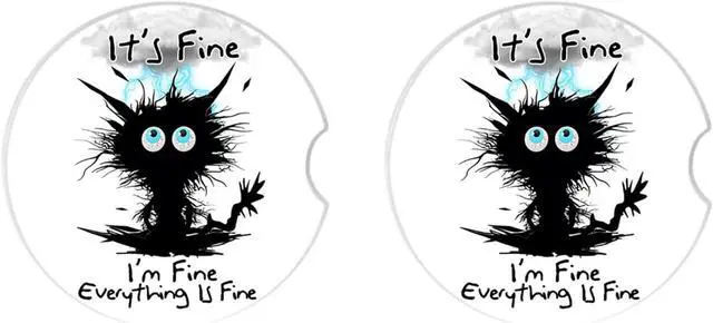 Alt view image 2 of 7 - Car Coasters 2 Pack, Small 2.56" Ceramic Stone & Non-Scratch Cork Base Car Cupholder Absorbent Coaster Set for Women/Men Drink Cup Holder Coasters (I'm Fine Cat) BD-10