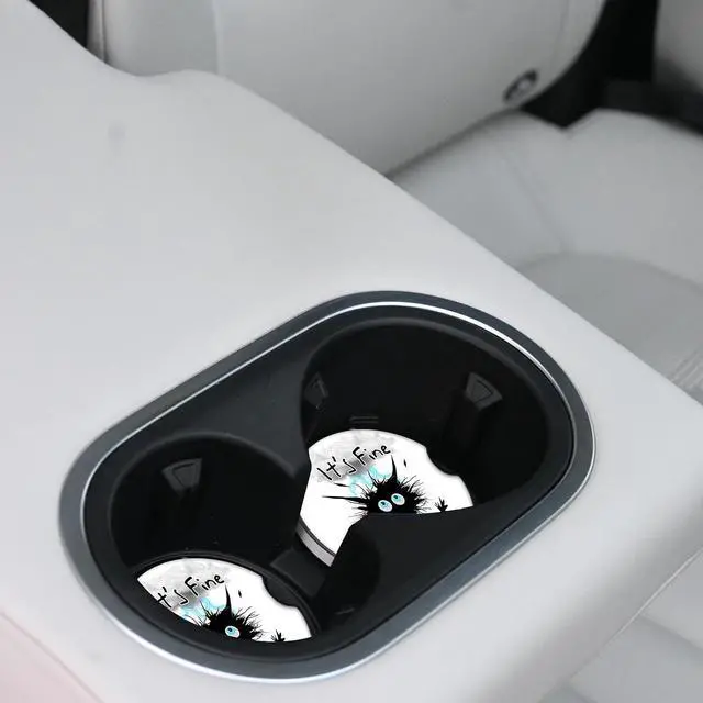 Alt view image 4 of 7 - Car Coasters 2 Pack, Small 2.56" Ceramic Stone & Non-Scratch Cork Base Car Cupholder Absorbent Coaster Set for Women/Men Drink Cup Holder Coasters (I'm Fine Cat) BD-10