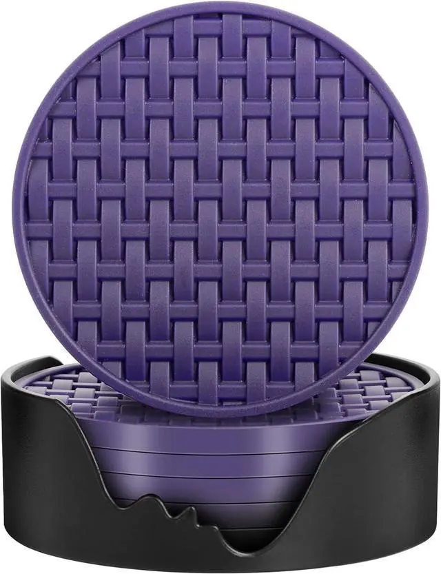 Main image of 4 Inch Round Silicone Coasters Set of 6 with Holder Purple Non-Slip | Decorative Drink Coaster, Heat-Resistant & Waterproof Cup Mats for Home, Office, Kitchen, Bar & Table - Housewarming Gift