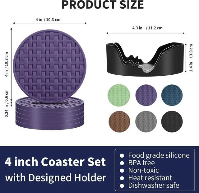 Alt view image 2 of 7 - 4 Inch Round Silicone Coasters Set of 6 with Holder Purple Non-Slip | Decorative Drink Coaster, Heat-Resistant & Waterproof Cup Mats for Home, Office, Kitchen, Bar & Table - Housewarming Gift