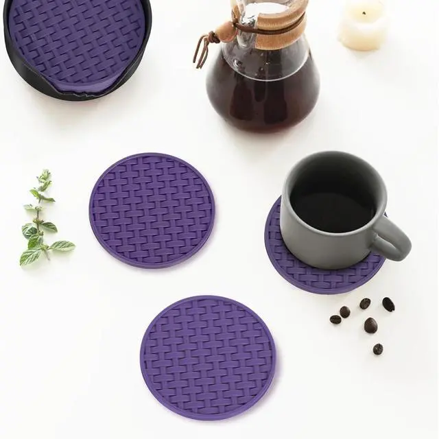 Alt view image 4 of 7 - 4 Inch Round Silicone Coasters Set of 6 with Holder Purple Non-Slip | Decorative Drink Coaster, Heat-Resistant & Waterproof Cup Mats for Home, Office, Kitchen, Bar & Table - Housewarming Gift