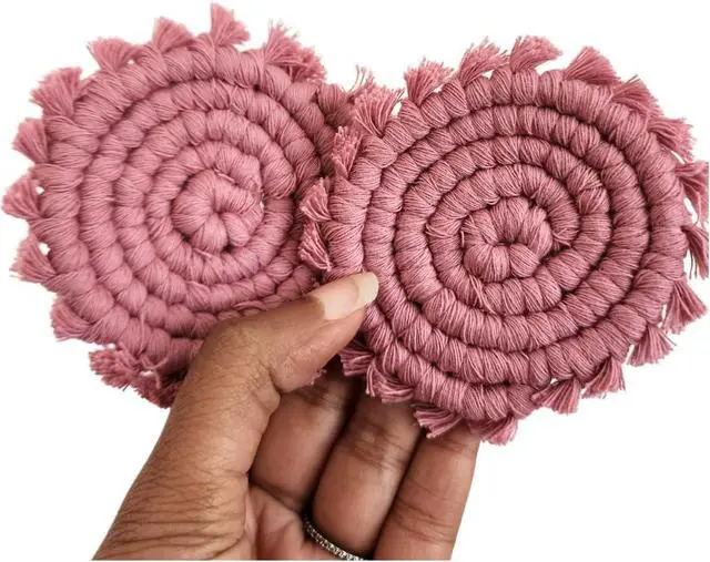 Main image of Cotton Car Coasters for Cup Holders, 2PC Car Cup Coasters, Drink Coaster Holder, Cute cupholder Coaster Accessories for Women, Macrame, Boho(Champagne Pink)