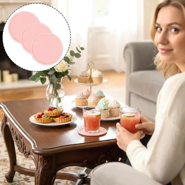 Alt view image 7 of 7 - 3 PCS Silicone Coasters, Non-Slip Desk Coasters Pink Round Coaster Heat Resistant Cup Mat for Drinks, Beverage, Coffee, Tea (3.93 Inch)