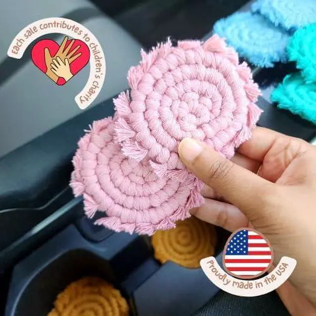 Alt view image 2 of 7 - Cotton Car Coasters for Cup Holders, 2PC Car Cup Coasters, Drink Coaster Holder, Cute cupholder Coaster Accessories for Women, Macrame, Boho(Champagne Pink)