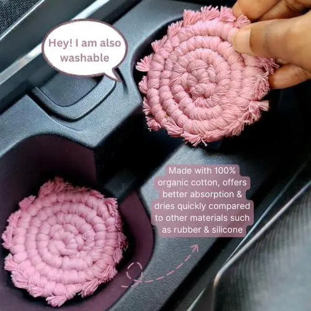 Alt view image 3 of 7 - Cotton Car Coasters for Cup Holders, 2PC Car Cup Coasters, Drink Coaster Holder, Cute cupholder Coaster Accessories for Women, Macrame, Boho(Champagne Pink)