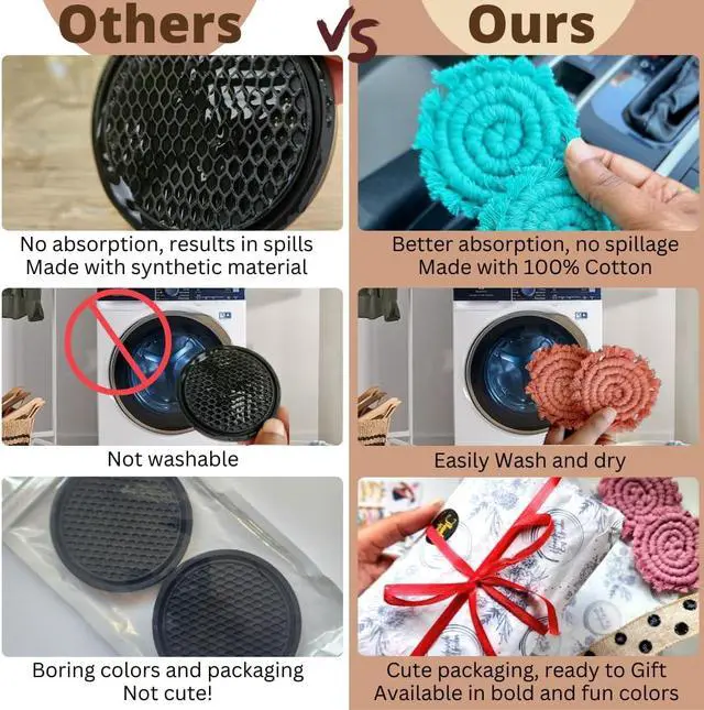 Alt view image 4 of 7 - Cotton Car Coasters for Cup Holders, 2PC Car Cup Coasters, Drink Coaster Holder, Cute cupholder Coaster Accessories for Women, Macrame, Boho (Cafe Latte)