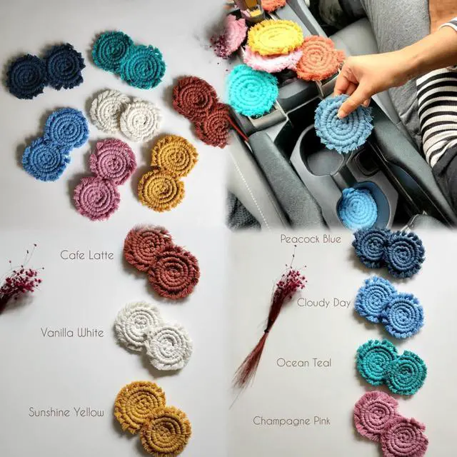 Alt view image 7 of 7 - Cotton Car Coasters for Cup Holders, 2PC Car Cup Coasters, Drink Coaster Holder, Cute cupholder Coaster Accessories for Women, Macrame, Boho (Cafe Latte)