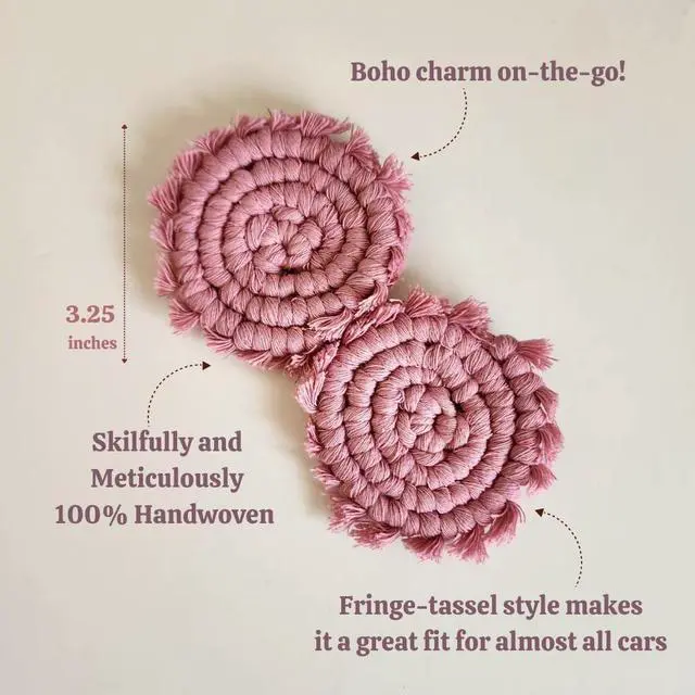 Alt view image 5 of 7 - Cotton Car Coasters for Cup Holders, 2PC Car Cup Coasters, Drink Coaster Holder, Cute cupholder Coaster Accessories for Women, Macrame, Boho(Champagne Pink)