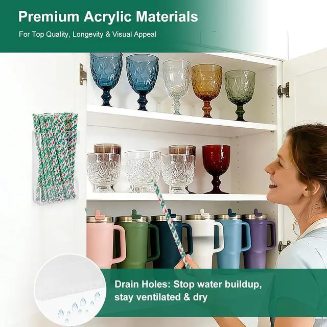 Alt view image 3 of 7 - 2 PACK Small Acrylic Straw Holder for Cabinet DoorsStraw Organizer Storage with Most SizesMulti-Function Kitchen Accessories Container with Adhesive Round Pads(Transparent)